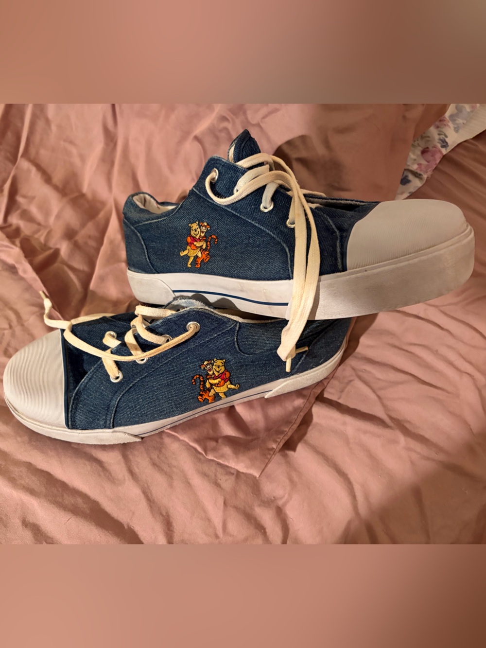 Adult Blue Denim Lace-Up Sneakers with  Tigger and Winnie the Poo — Size 10